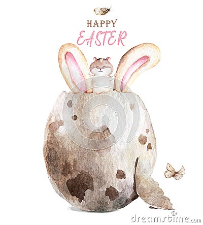 Watercolor Happy Easter. Colored egg with bunny ears and spring floral, isolated on a white background, vintage watercolor Cartoon Illustration