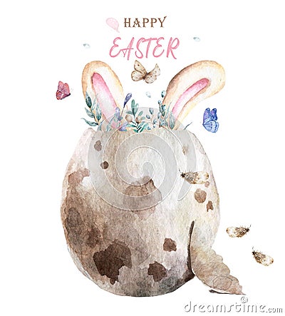 Watercolor Happy Easter. Colored egg with bunny ears and spring floral, isolated on a white background, vintage watercolor Cartoon Illustration