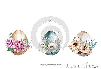 Watercolor Happy Easter eggs with flower and spring floral, isolated on a white background Cartoon Illustration