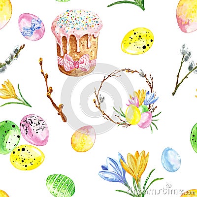 Watercolor Happy easter seamless pattern. Colorful repeat background with colored eggs, flowers, wreath and sweet glazed cake Cartoon Illustration