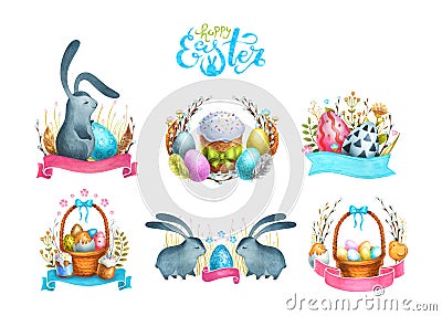 Watercolor Happy Easter set of compositions, hand drawn illustration Cartoon Illustration