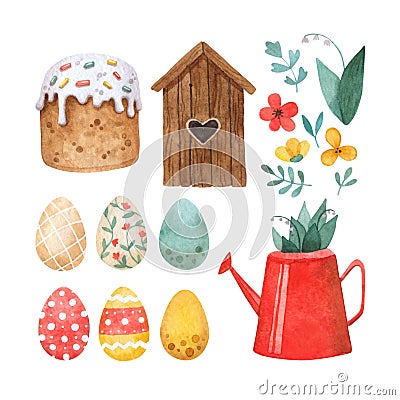 Watercolor happy Easter set with flowers, Easter cake, eggs. Cartoon Illustration