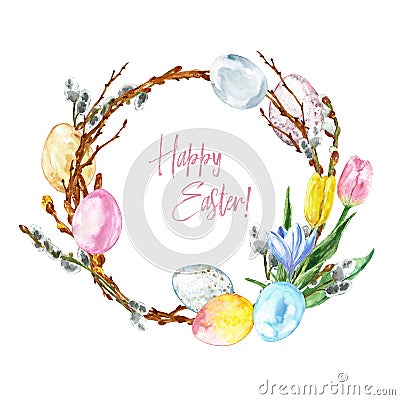 Watercolor spring pussy willow wreath with eggs and flowers, isolated on white background. Decorative frame for Easter cards Cartoon Illustration