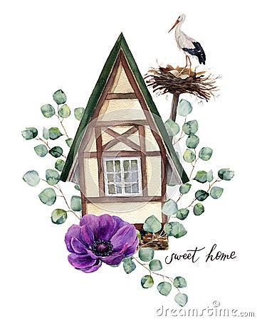 Watercolor happy home label. Watercolor house in Alpine style with white stork and nest, eucalyptus silver dollar and anemone Stock Photo