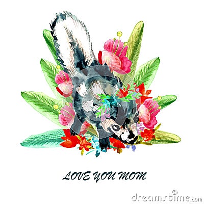 Watercolor Happy mother`s day greeting card with cute little baby animal skunk and text LOVE YOU MOM Stock Photo