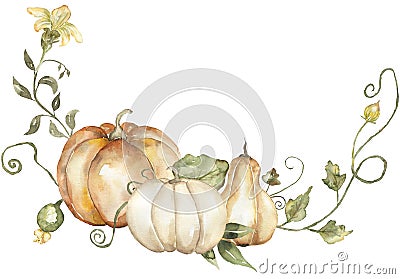 Watercolor harvest scene with pumpkin, flowers and leaves bouquet clipart. Fall decor composition for Thanksgiving, autumn Cartoon Illustration