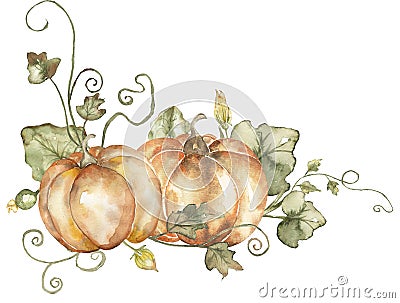 Watercolor harvest scene with pumpkin and leaves bouquet clipart. Fall decor composition for Thanksgiving, autumn arrangement card Cartoon Illustration