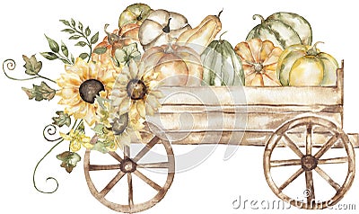 Watercolor harvest scene with wooden cart and pumpkin, sunflowers and leaves bouquet clipart. Fall decor composition with Wagon Cartoon Illustration