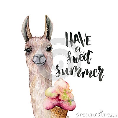 Watercolor Have a sweet summer card with lama. Hand painted beautiful illustration with llama animal, ice cream and Cartoon Illustration