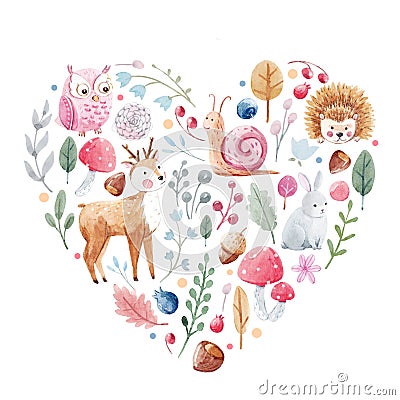 Watercolor heart with animals Stock Photo