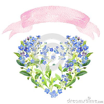 Watercolor heart. Forget-me-nots and ribbon Stock Photo