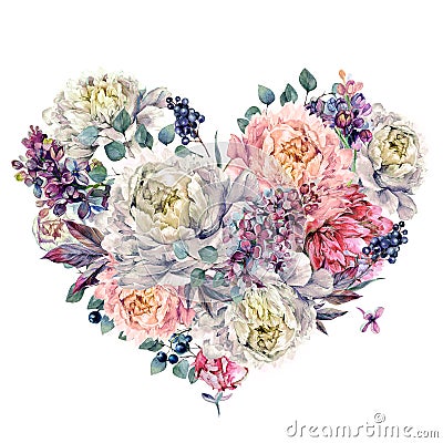Watercolor Heart made of Peonies and Lilac Stock Photo