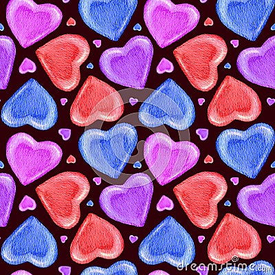 Watercolor Heart pattern. Watercolor seamless pattern with multicolored Big Hearts. Bright illustrations for Gift paper, packaging Cartoon Illustration