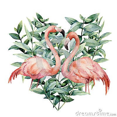 Watercolor heart with pink flamingo and eucalyptus leaves. Hand painted pink flamingo and leaves isolated on white Cartoon Illustration