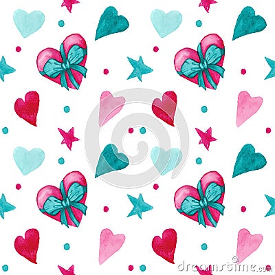 Watercolor heart present seamless pattern. Happy Valentain Day. Watercolor handdrawen lettering Stock Photo