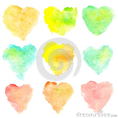 Watercolor heart shaped stains isolated on white background. Set of red, yellow, blue, green, orange hand painted spots Vector Illustration
