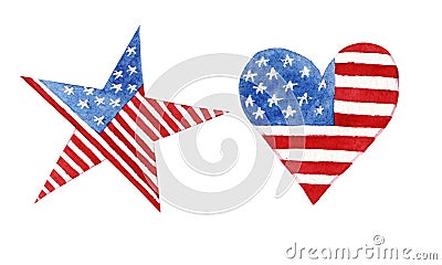 Watercolor heart and star with american flag isolated Stock Photo