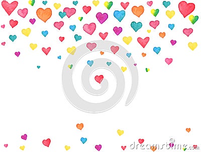 Watercolor hearts falling on white background. Colorful rainbow heart confetti. Valentines day watercolor design Vector Illustration