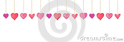 Watercolor hearts garland on white background. Valentines Day border. Romantic design with hanging hearts. Holiday Vector Illustration