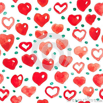 Watercolor hearts seamless background. Pink-red watercolor heart pattern. Vector Illustration