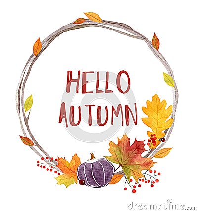 Watercolor Hello autumn lettering card. Hand drawn illustration Cartoon Illustration