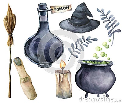 Watercolor helloween magic set. Hand painted bottle of poison, cauldron with potion, broom, candle, finger, witch hat Cartoon Illustration