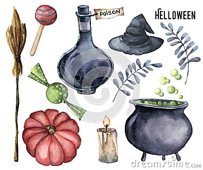 Watercolor helloween set. Hand painted bottle of poison, cauldron with potion, broom, candle, candies, pumpkin, witch Cartoon Illustration