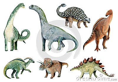 Watercolor herbivores dinosaurs illustrations, Brachiosaurus, Ankylosaurus, Triceratops, Stegosaurus, Parasaurolophus Cartoon Illustration