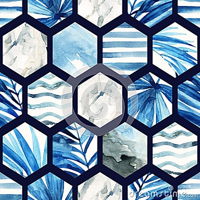 Watercolor hexagon seamless pattern. Cartoon Illustration