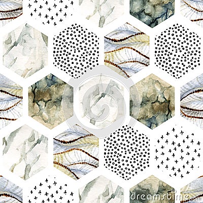 Watercolor hexagon with stripes, wave, curve, water color marble, grained, grunge, paper textures, minimal elements. Cartoon Illustration