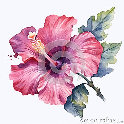 Watercolor Hibiscus Flower On White Background In Dark Violet And Light Red Style Cartoon Illustration
