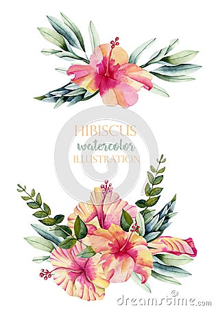 Watercolor hibiscus flowers and leaves bouquets collection Stock Photo