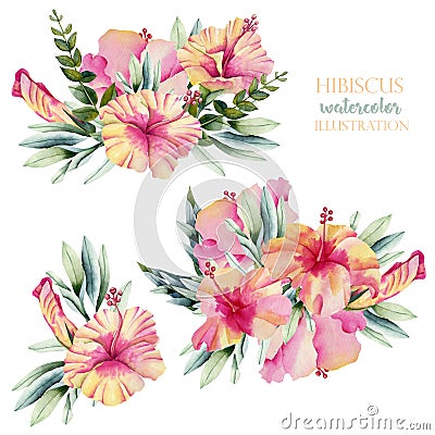 Watercolor hibiscus flowers and leaves bouquets collection Stock Photo