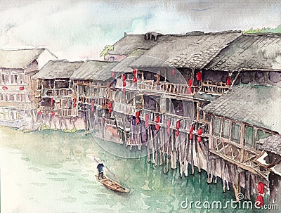 Watercolor High Definition Illustration: Chinese Water Town. Stilt Loft. Chongqing. Stock Photo