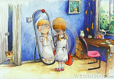 Watercolor High Definition Illustration: The girl in the mirror. A new semester opens, the girl wonder if she looks good enough. Stock Photo