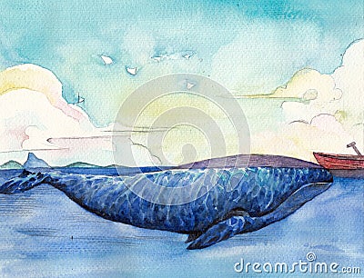 Watercolor High Definition Illustration: The Great Whale. Stock Photo