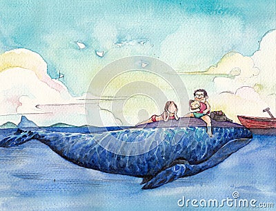 Watercolor High Definition Illustration: The Happy Family's Vacation. Stock Photo