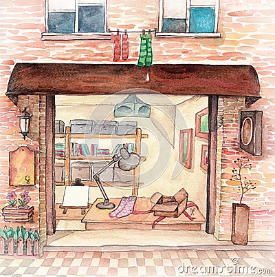 Watercolor High Definition Illustration: Street Shop Front. Stock Photo