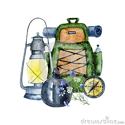 Watercolor hiking arrangement isolated on a white background: flashlight, flask, rucksack, compass, wild flowers. Cartoon Illustration