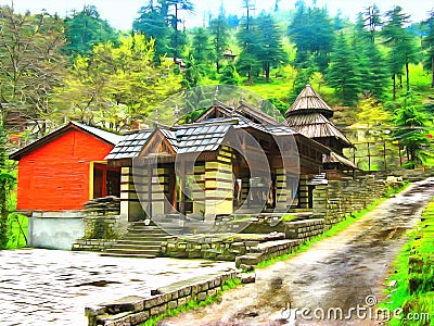 Watercolor. Himalayan Kullu Valley. Manali. India Cartoon Illustration