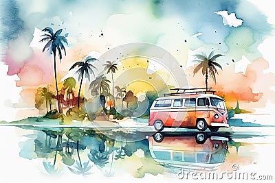 Watercolor hippie bus on the beach with palms, travel illustration Cartoon Illustration
