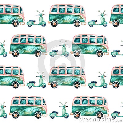 Watercolor hippie camper van and scooter Stock Photo