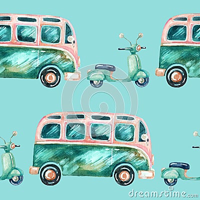 Watercolor hippie camper van and scooter Stock Photo