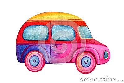 Watercolor Hippie vintage car n isolated white background, hippie retro style. Rainbow car Cartoon Illustration