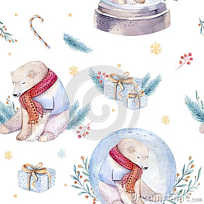 Watercolor holiday seamless pattern of a cute polar bear and deer, winter print, children`s illustration, portrait of a Stock Photo