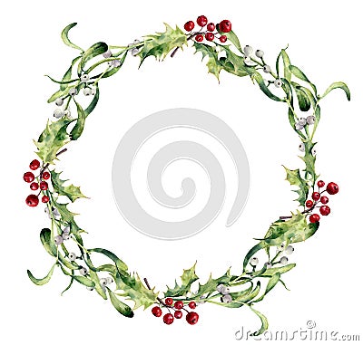 Watercolor holly and mistletoe wreath. Hand painted border floral branch and white berry isolated on white background Stock Photo