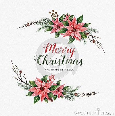 Watercolor holly and poinsettia wreath. Vector Illustration