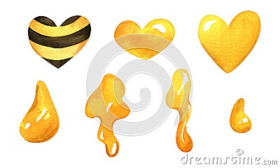 Watercolor honey hearts, drops drips illustrations, Yellow black striped heart Cartoon Illustration