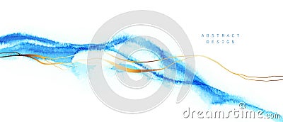 Watercolor horizontal background. Blue, turquoise watercolor fluid painting with golden lines. Vector Illustration