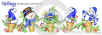 Watercolor horizontal garland. Waffle cone with snowman, Santa hats and gifts. Funny dessert. Cretive New Year Cartoon Illustration